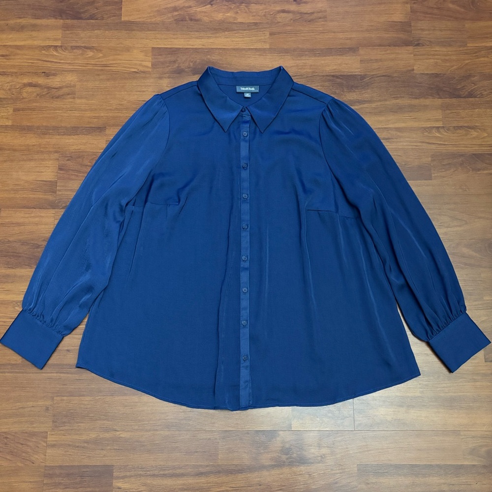 Anthropologie ModCloth Satin Button Up Blouse Blue Business Casual Top Size 1X
